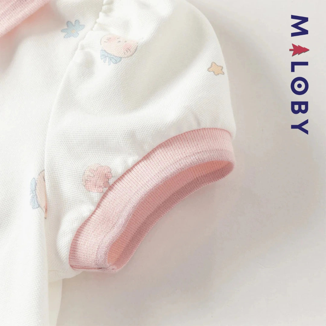 Robe polo motifs fantaisie enfant fille -Blanc/ Rose