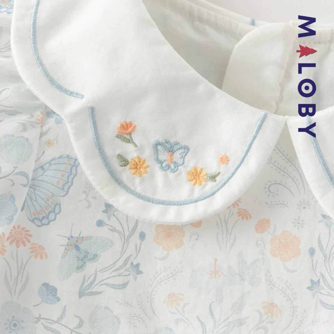 Robe fleurie col claudine enfant fille- Blanc imprimé