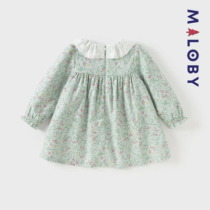 Robe à smocks fleurie manches longues enfant fille- vert imprimé