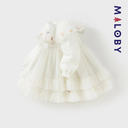 Robe de fête à col plastron enfant fille -Beige