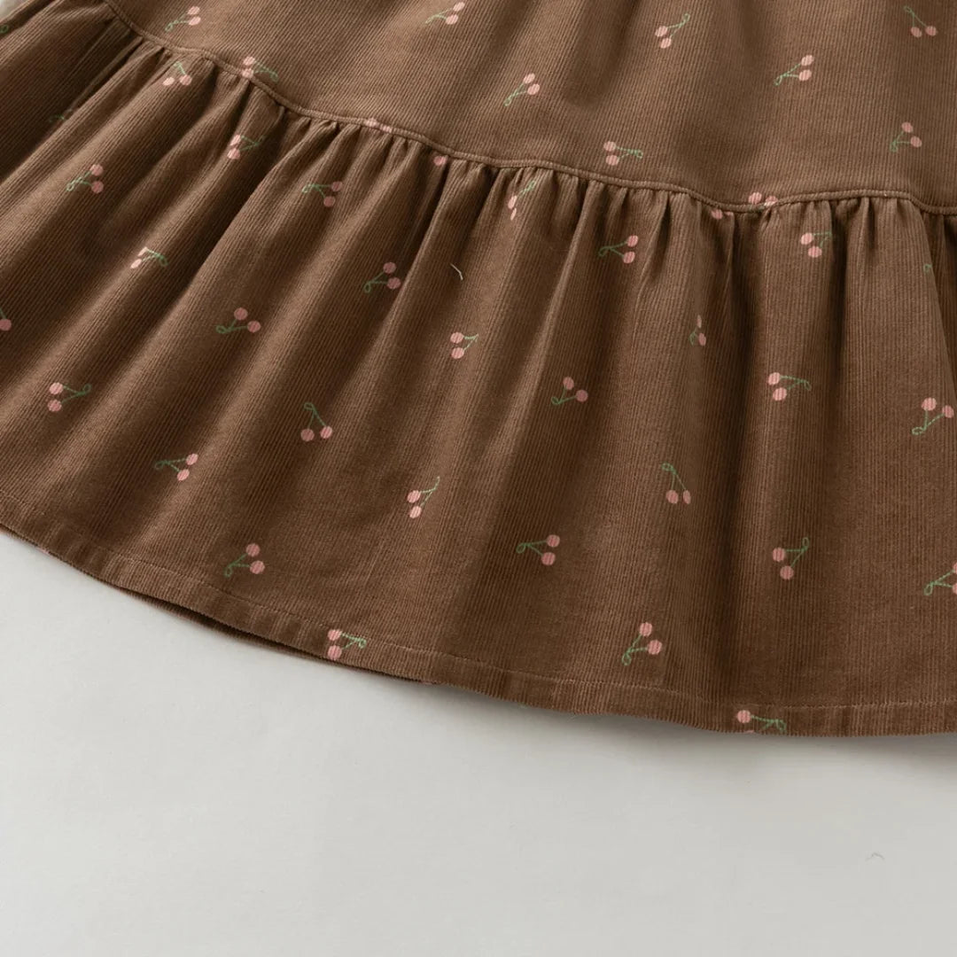Robe en velours côtelé à imprimé cerises enfant fille –Marron