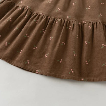 Robe en velours côtelé à imprimé cerises enfant fille –Marron