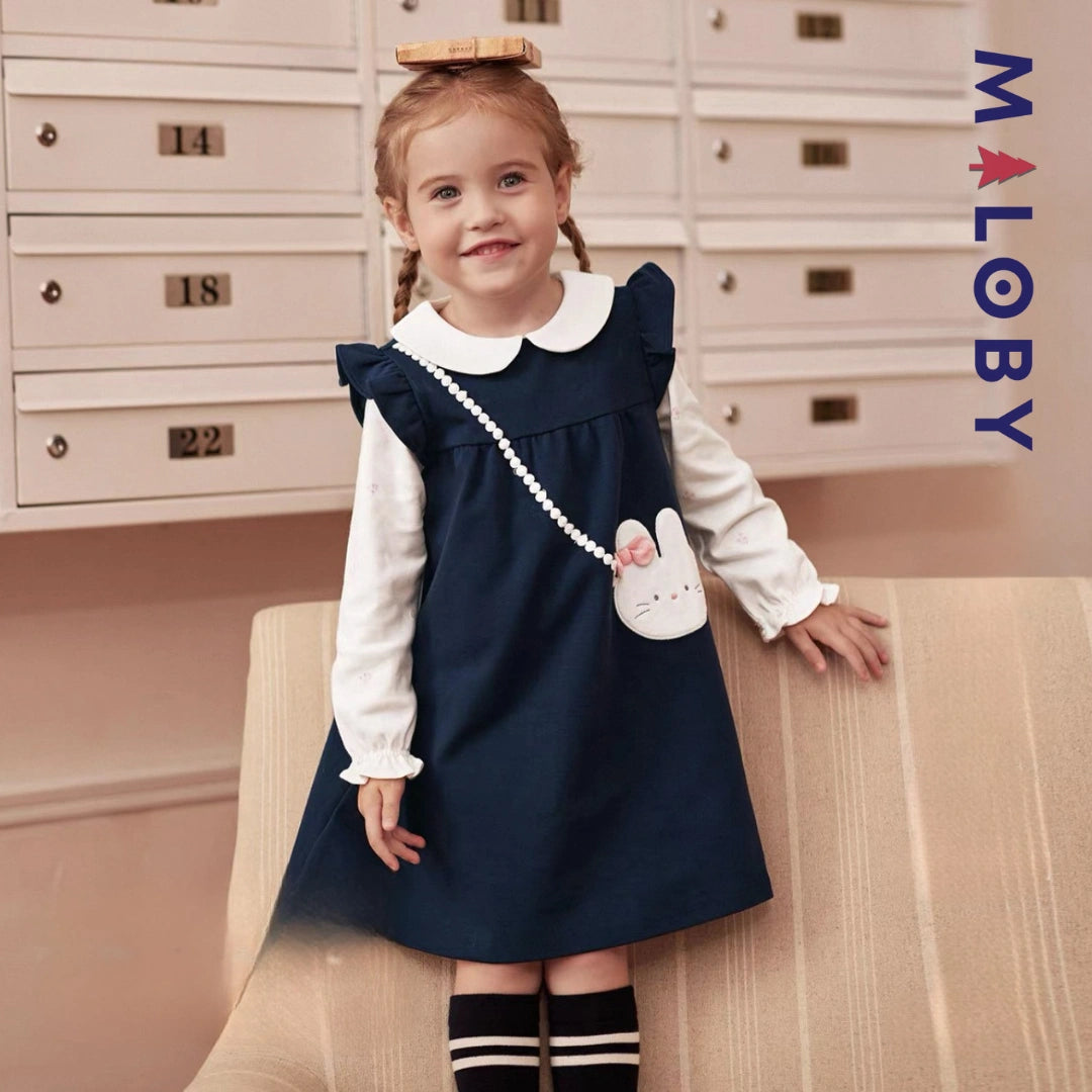Robe bi-matière motif lapin enfant fille- Marine -robes et ensembles pour filles, bébés et garcons - MALOBY