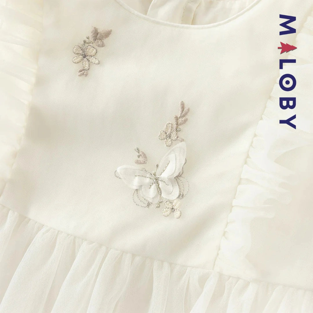 Robe cérémonie brodée manches courtes enfant fille -Beige