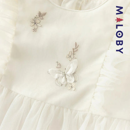 Robe cérémonie brodée manches courtes enfant fille -Beige