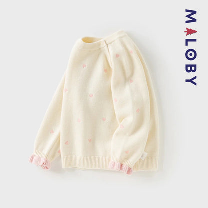 Pull en maille motifs cœurs enfant fille- Rouge / Beige