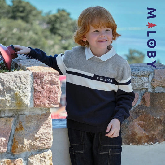 Pull à col chemise enfant garçon- marine -robes et ensembles pour filles, bébés et garcons - MALOBY
