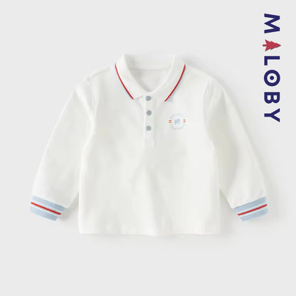 Polo manches longues en coton premium enfants garçon –Blanc