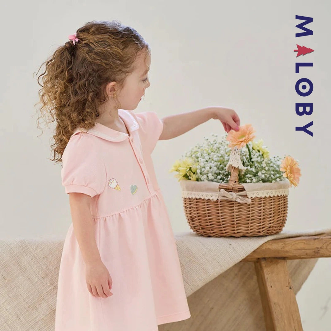 Robe manches courtes en piqué de coton enfant fille -Rose