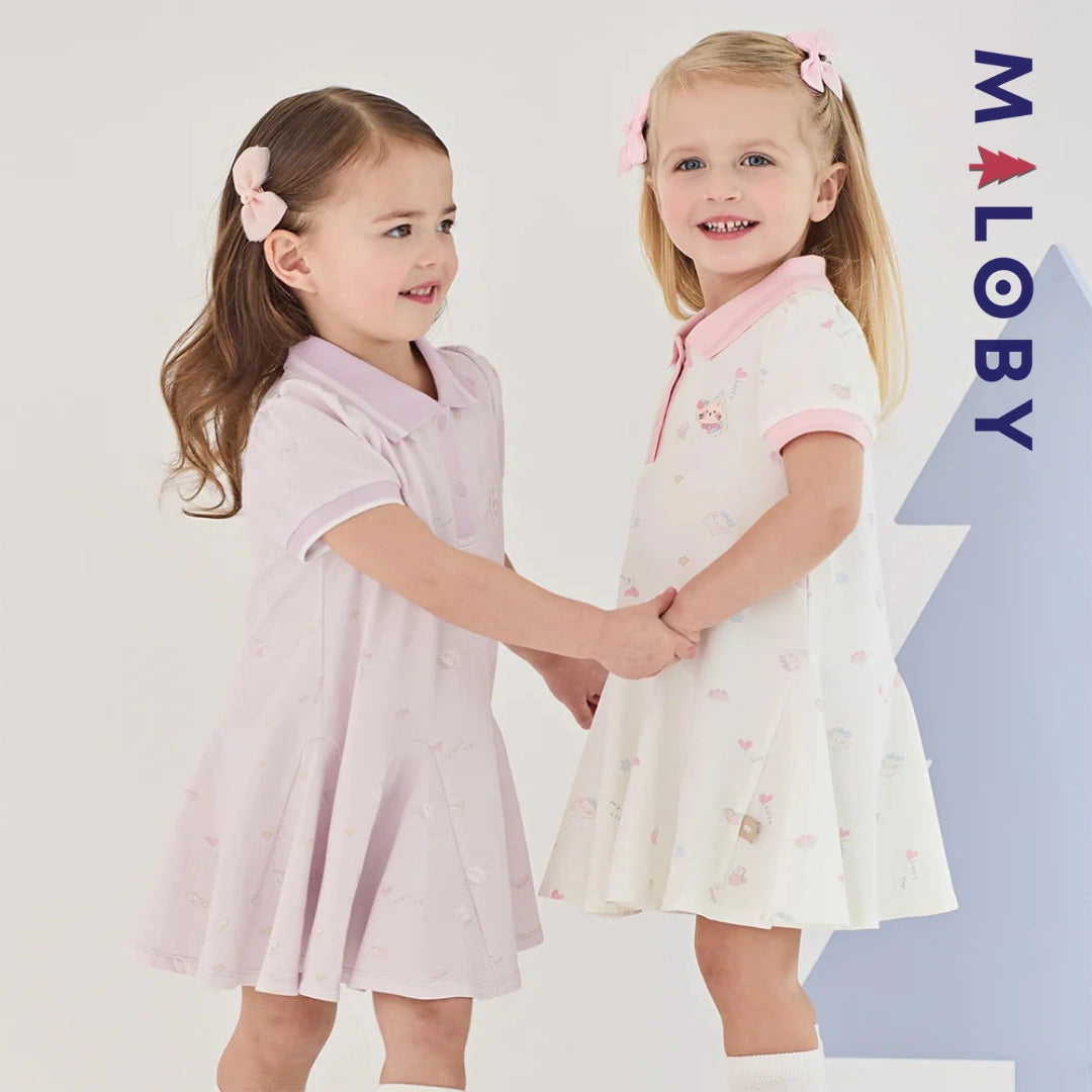 Robe polo motifs fantaisie enfant fille -Blanc/ Rose