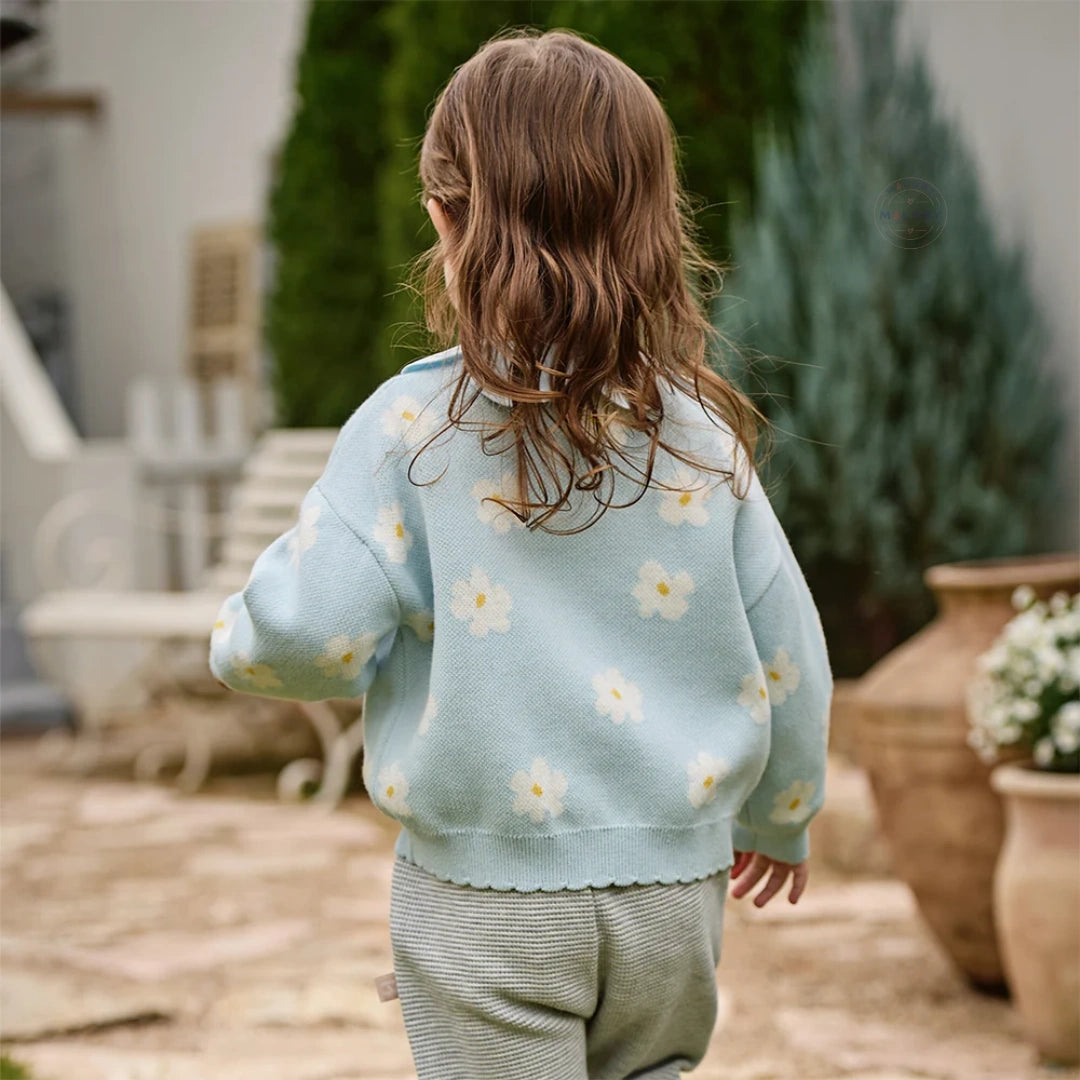 Cardigan en maille à fleurs enfant fille bleu ciel, vêtement enfant maroc - MALOBY
