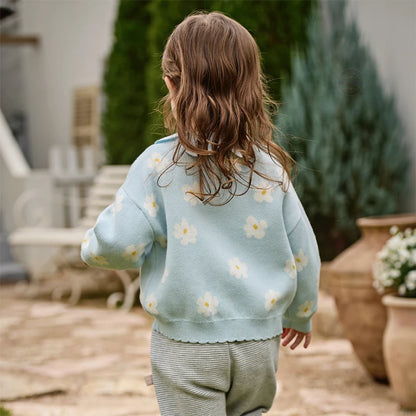 Cardigan en maille à fleurs enfant fille bleu ciel, vêtement enfant maroc - MALOBY
