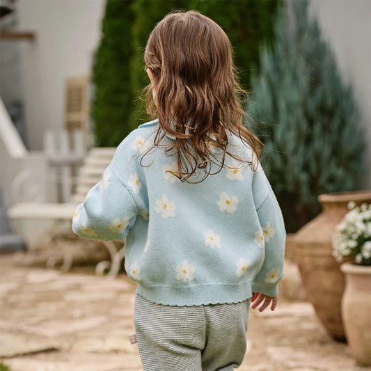 Cardigan en maille à fleurs enfant fille bleu ciel, vêtement enfant maroc - MALOBY