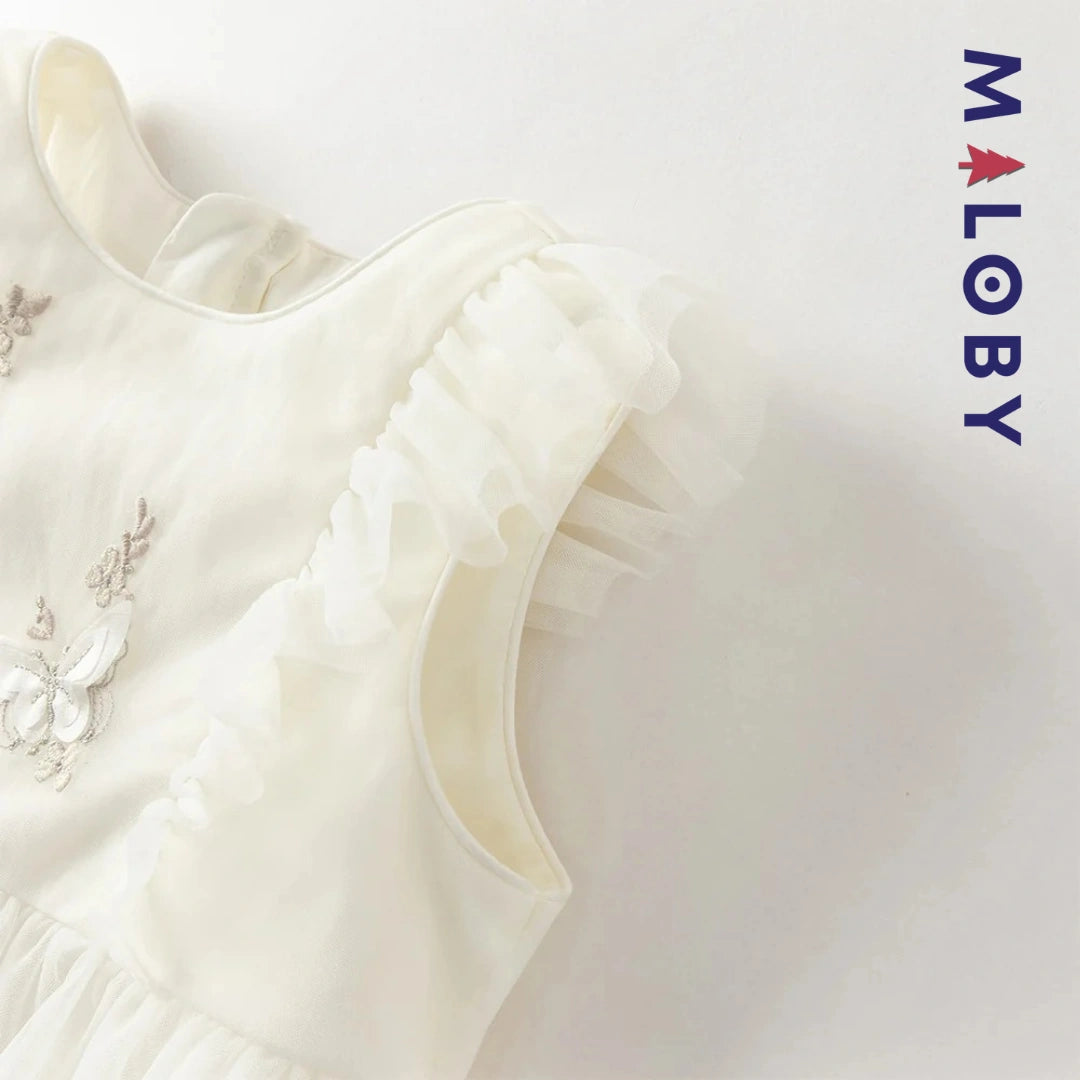 Robe cérémonie brodée manches courtes enfant fille -Beige