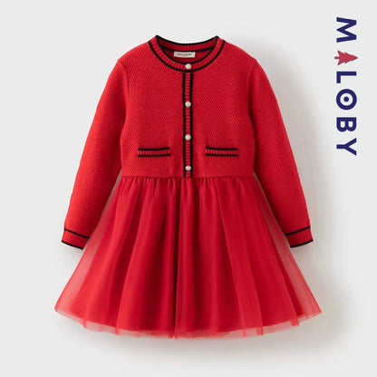 Robe habillée bi-matière enfant fille -Rouge -robes et ensembles pour filles, bébés et garcons - MALOBY