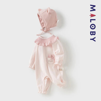 Ensemble 2 pièces combinaison+bonnet bébé fille-Rose