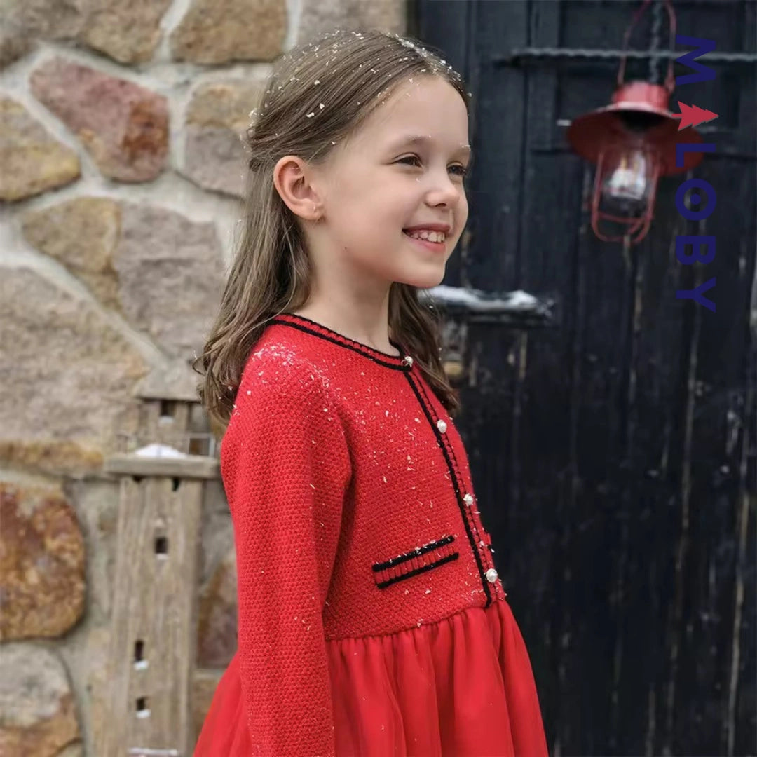 Robe habillée bi-matière enfant fille -Rouge -robes et ensembles pour filles, bébés et garcons - MALOBY