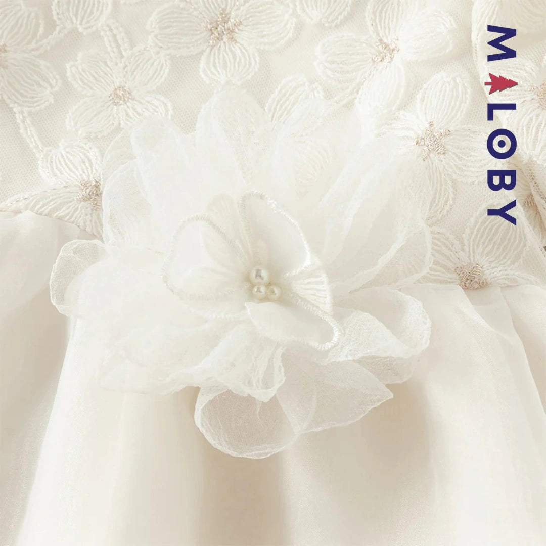 Robe cérémonie manches longues fleurettes - blanc