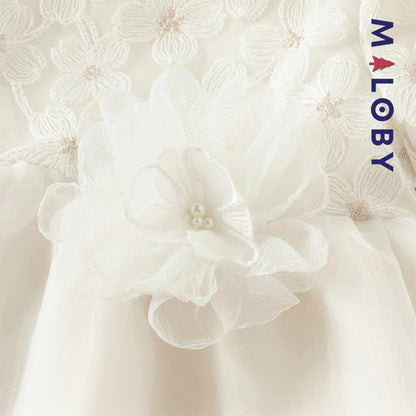 Robe cérémonie manches longues fleurettes - blanc