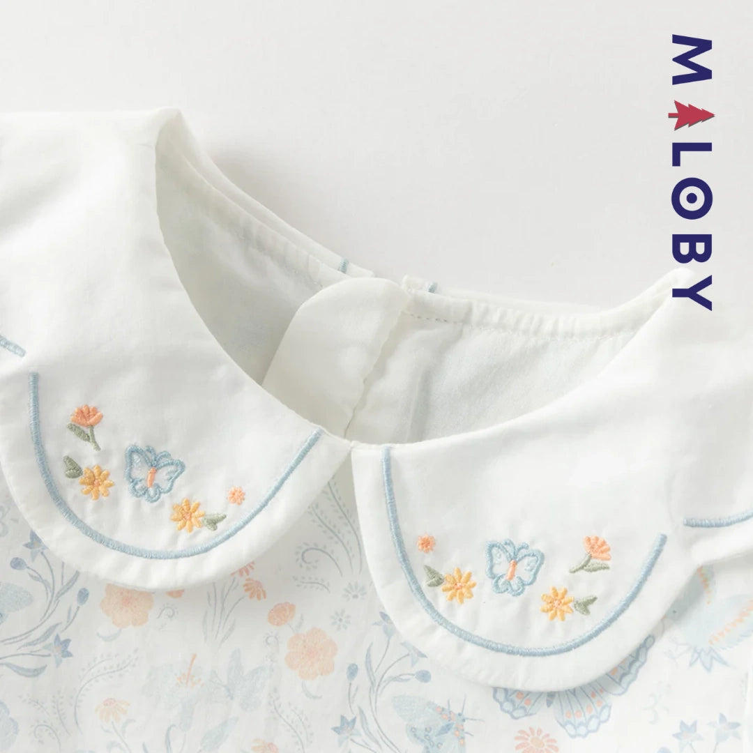 Robe fleurie col claudine enfant fille- Blanc imprimé