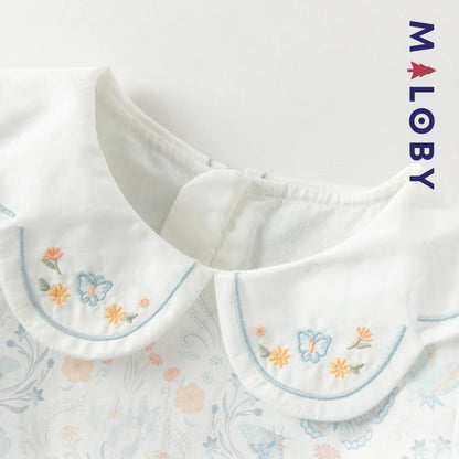 Robe fleurie col claudine enfant fille- Blanc imprimé