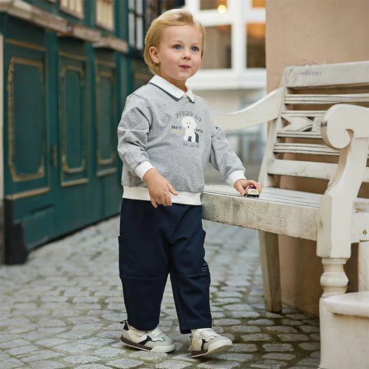 Ensemble sweat col chemise et pantalon cargo enfant garçon gris et bleu marine - MALOBY