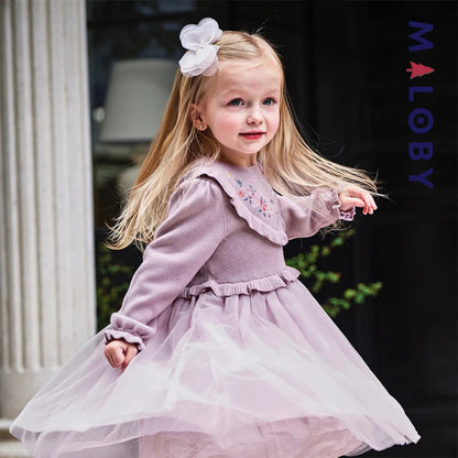 Robe bi-matière motifs brodés enfant fille- violet