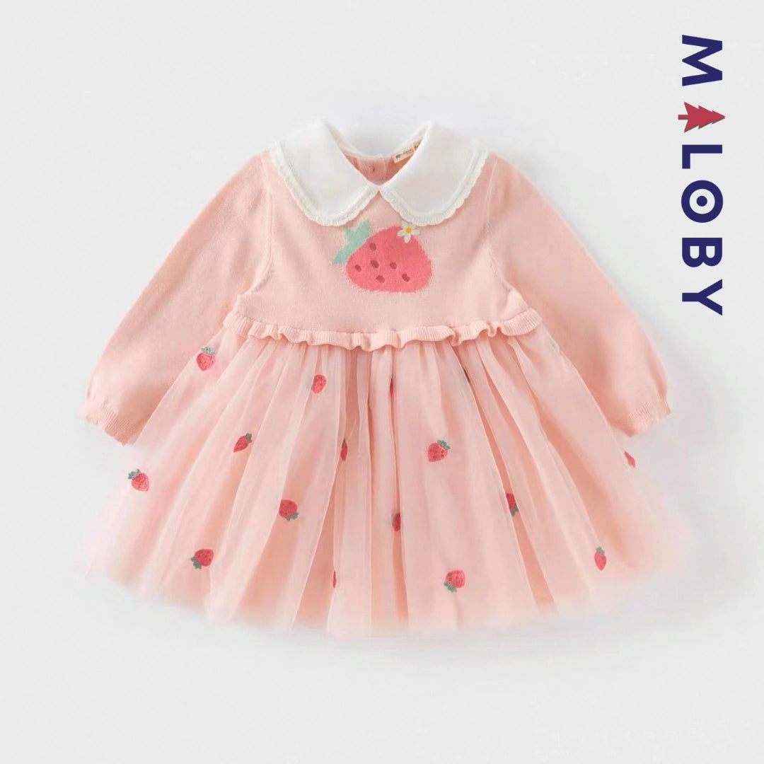 Robe bi-matière motif fraise- rose