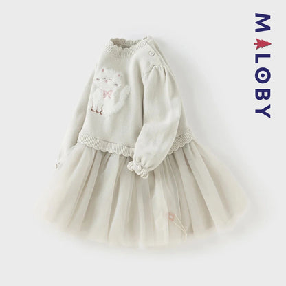 Robe bi-matière motif chat enfant fille- gris
