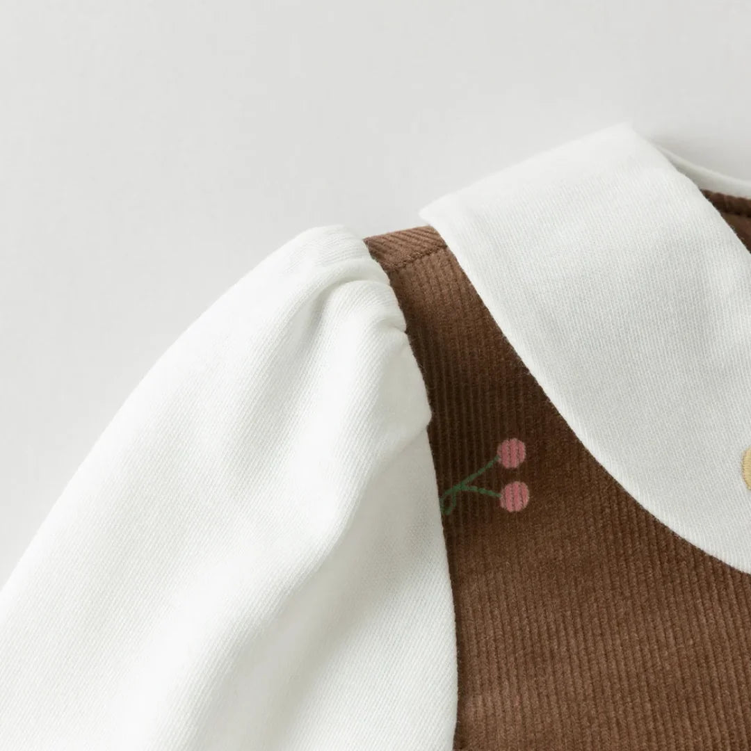 Robe en velours côtelé à imprimé cerises enfant fille –Marron