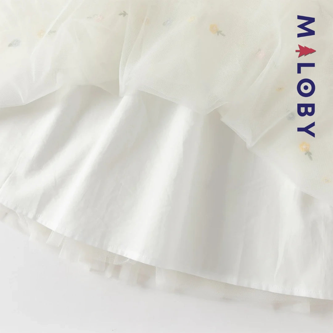 Robe cérémonie brodée fleurs enfant fille -Beige