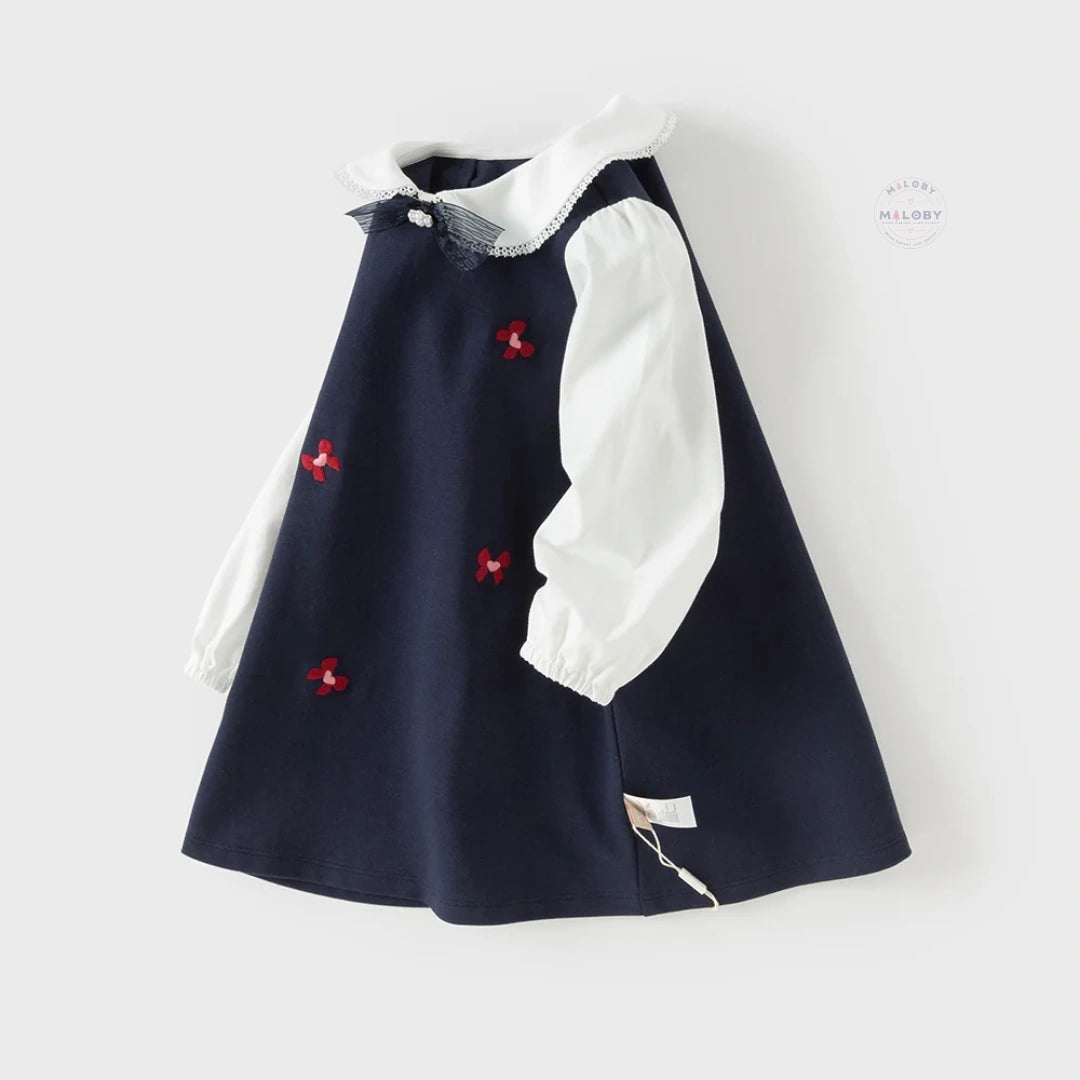Robe bi-matière motif papillons enfant fille marine, robe fille maroc - MALOBY
