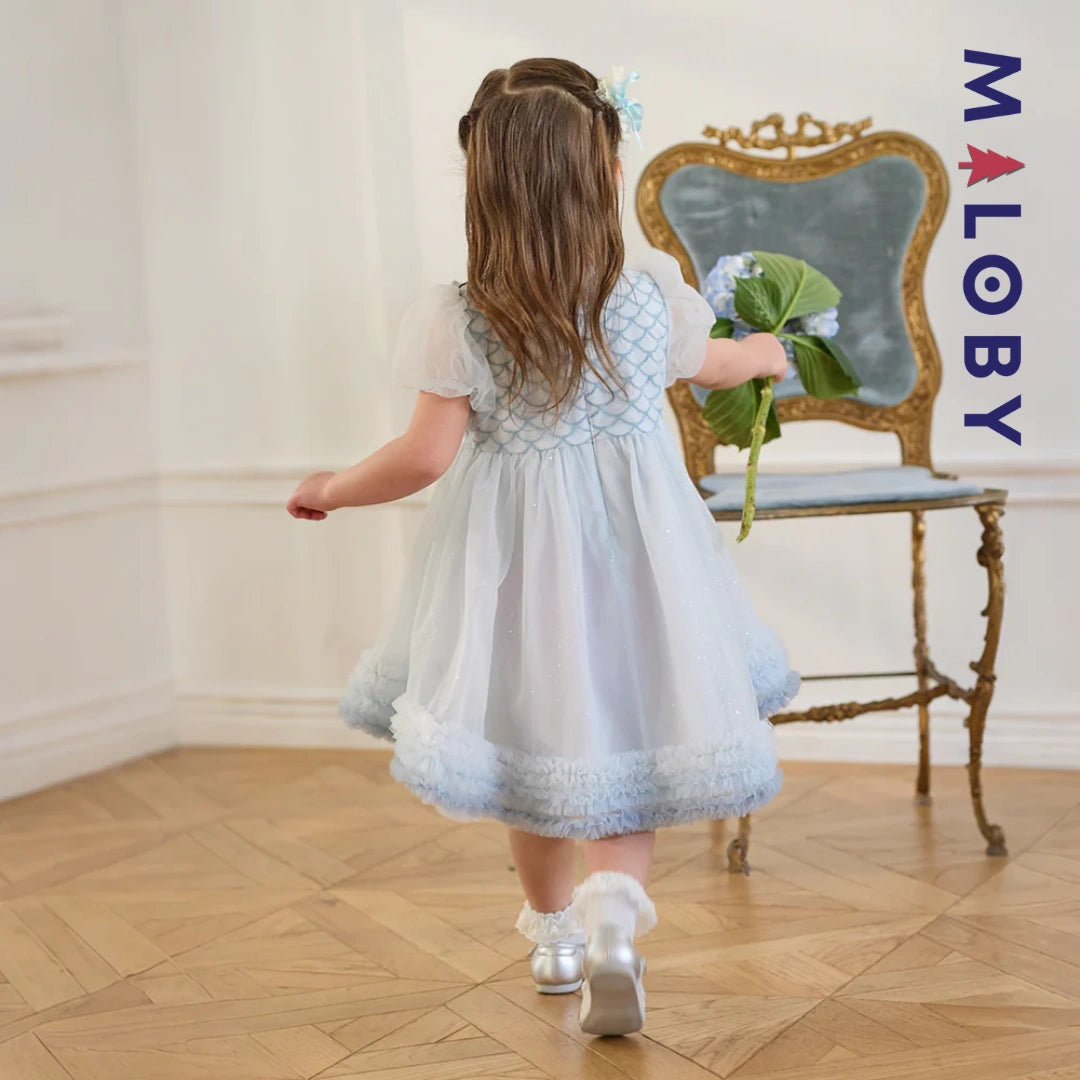 Robe princesse en tulle légère à manches courtes grise et bleue pour filles
