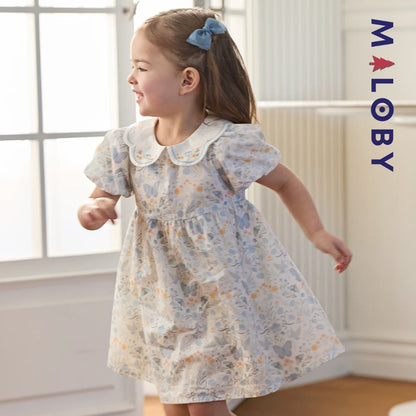 Robe fleurie col claudine enfant fille- Blanc imprimé