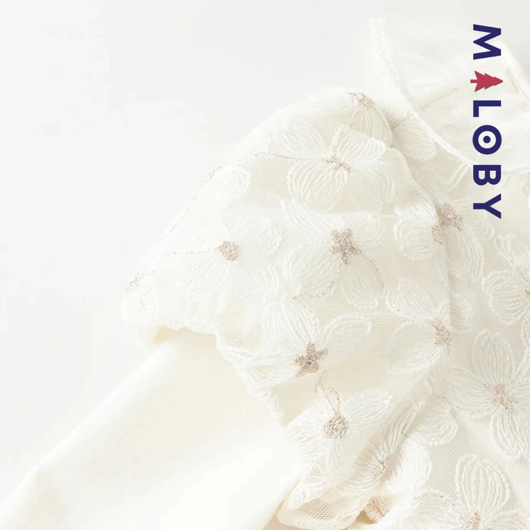 Robe cérémonie manches longues fleurettes - blanc