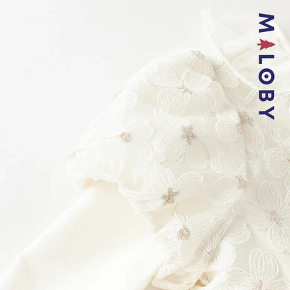 Robe cérémonie manches longues fleurettes - blanc