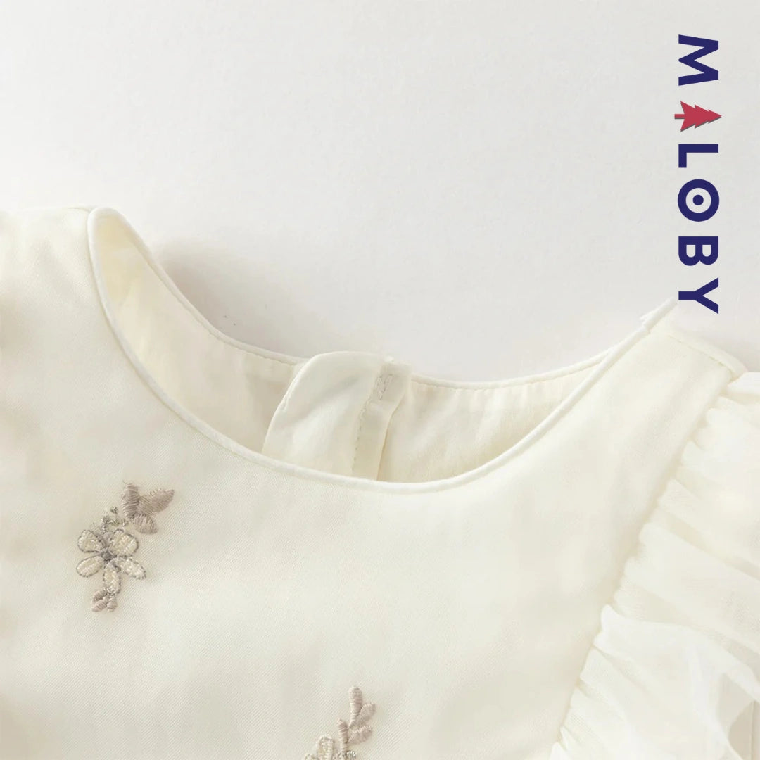 Robe cérémonie brodée manches courtes enfant fille -Beige