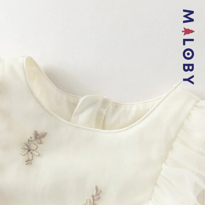Robe cérémonie brodée manches courtes enfant fille -Beige
