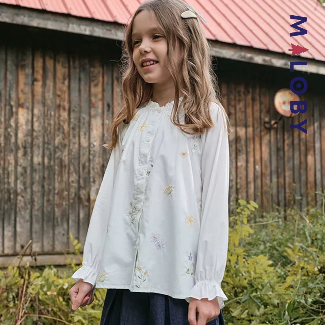 Chemise brodée en pur coton enfant fille -Beige