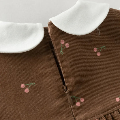 Robe en velours côtelé à imprimé cerises enfant fille –Marron