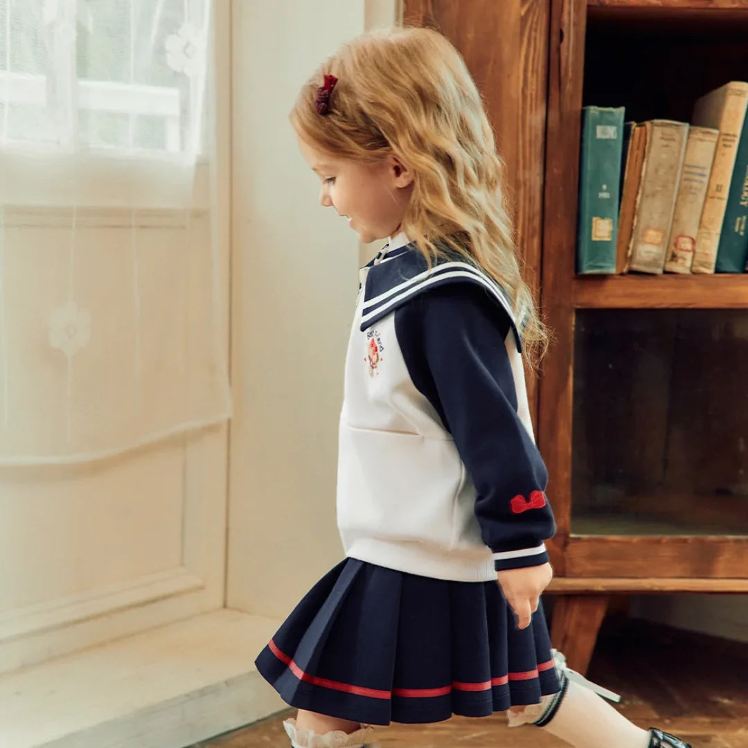 Ensemble Style Marin – Veste Zippée et Jupe Plissée enfant fille -Marine