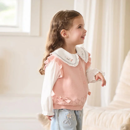 Gilet sans manches en maille 100% coton enfant fille -Rouge/Rose