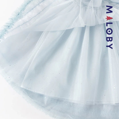 Robe princesse en tulle légère à manches courtes grise et bleue pour filles