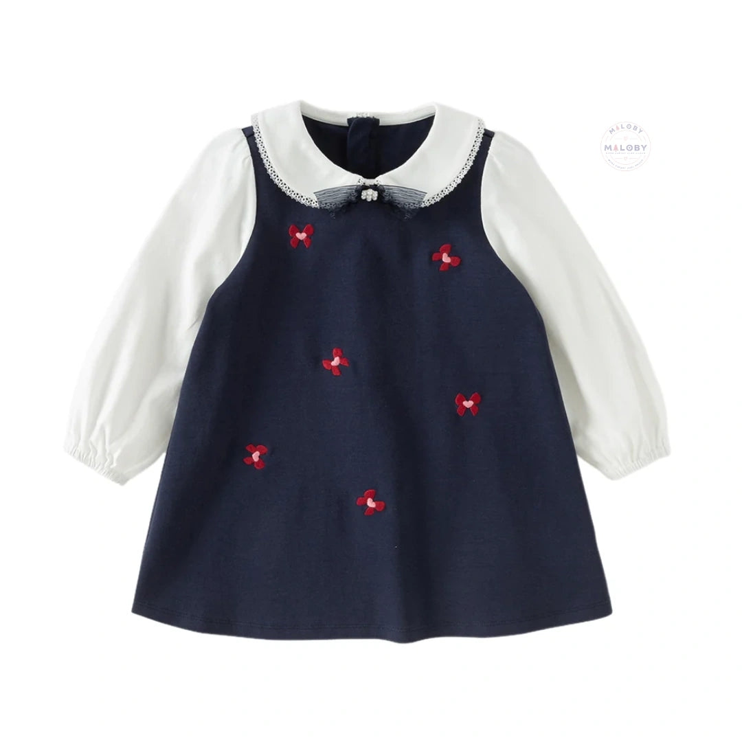 Robe bi-matière motif papillons enfant fille marine, robe fille maroc - MALOBY