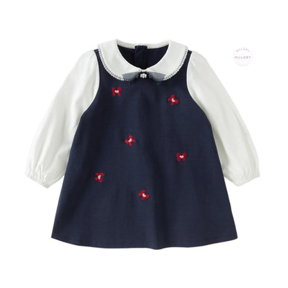 Robe bi-matière motif papillons enfant fille marine, robe fille maroc - MALOBY