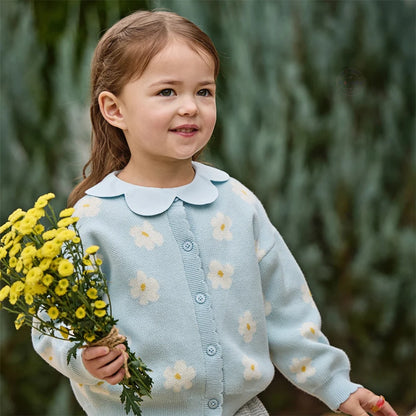 Cardigan en maille à fleurs enfant fille -Bleu ciel