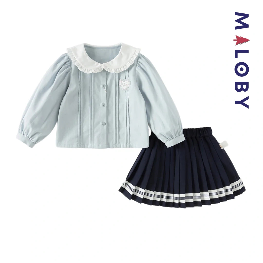 Ensemble habillé 2 pièces Chemise + Jupon plissé enfant fille -Bleu