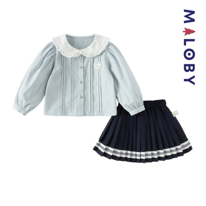 Ensemble habillé 2 pièces Chemise + Jupon plissé enfant fille -Bleu