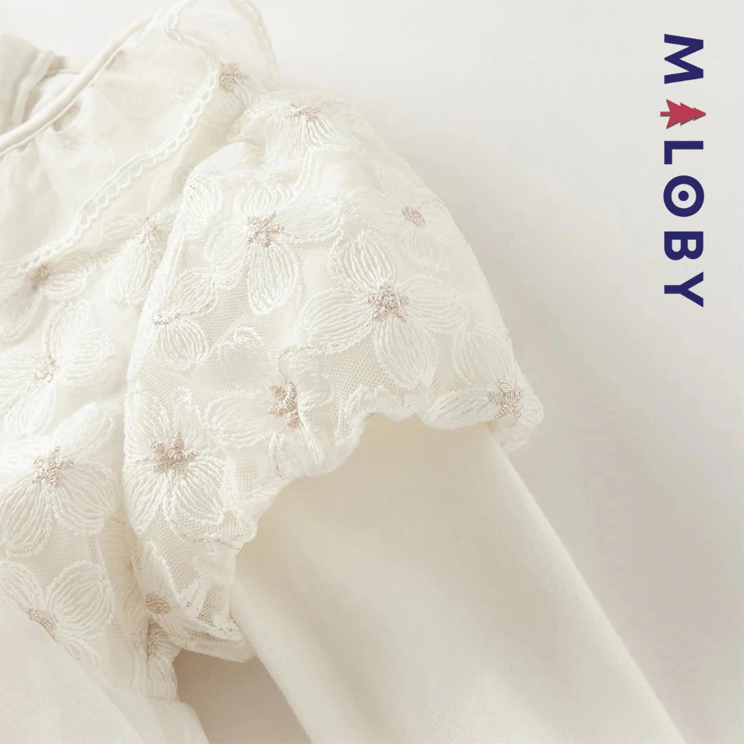 Robe cérémonie manches longues fleurettes - blanc