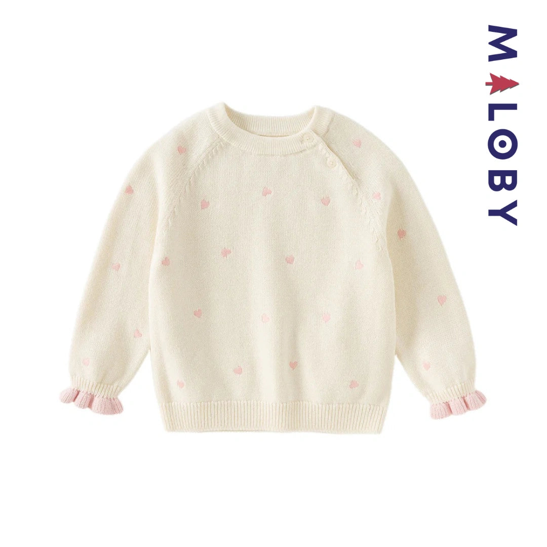 Pull en maille motifs cœurs enfant fille- Rouge / Beige